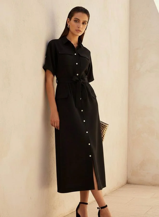 Iconic Iconic Midi Belted Shirt Dress with Pocket Detail
