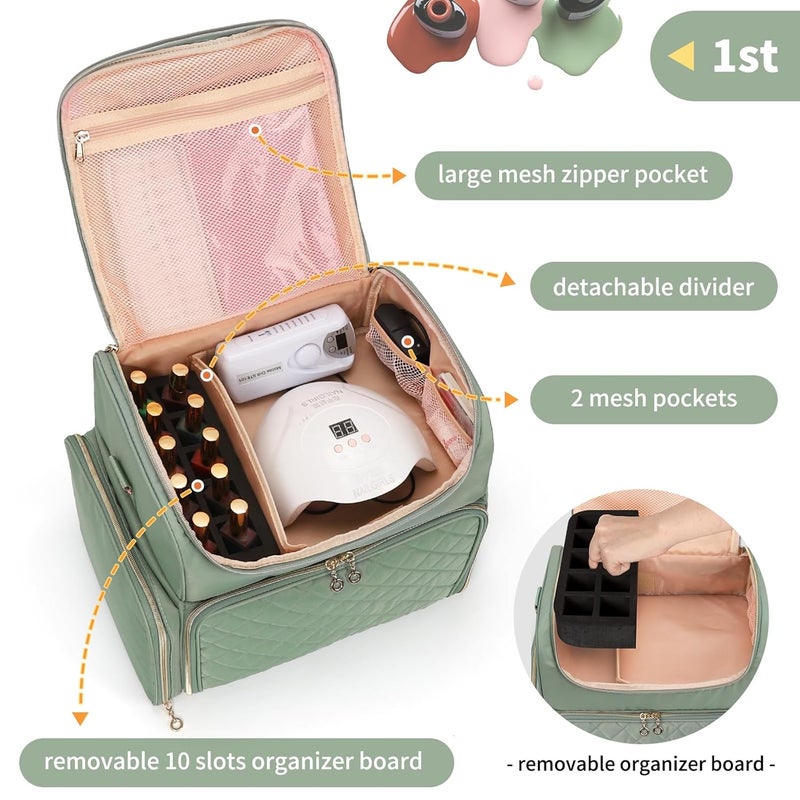 CUBETASTIC Extra Large Nail Polish Organizer Case Holds 86 to 100+ Bottles Nail Polish & Nail Lamp, Nail Supplies Storage Carrying Bag with 2 Removable Pouches, Portable Nail Tech Travel Box (Green, 86 Slots) - Image 3