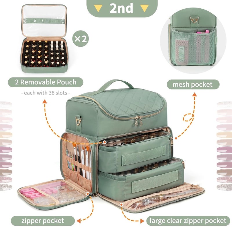 CUBETASTIC Extra Large Nail Polish Organizer Case Holds 86 to 100+ Bottles Nail Polish & Nail Lamp, Nail Supplies Storage Carrying Bag with 2 Removable Pouches, Portable Nail Tech Travel Box (Green, 86 Slots) - Image 4