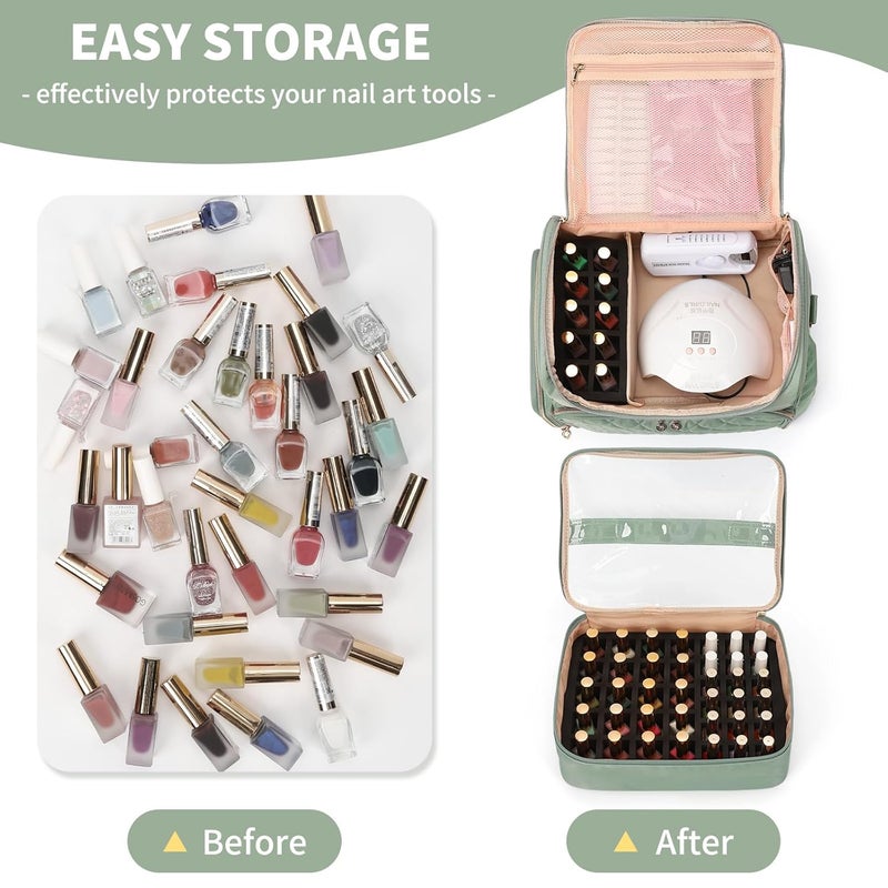 CUBETASTIC Extra Large Nail Polish Organizer Case Holds 86 to 100+ Bottles Nail Polish & Nail Lamp, Nail Supplies Storage Carrying Bag with 2 Removable Pouches, Portable Nail Tech Travel Box (Green, 86 Slots) - Image 2