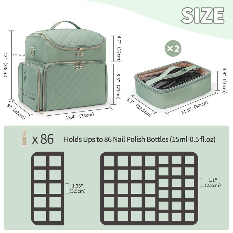 CUBETASTIC Extra Large Nail Polish Organizer Case Holds 86 to 100+ Bottles Nail Polish & Nail Lamp, Nail Supplies Storage Carrying Bag with 2 Removable Pouches, Portable Nail Tech Travel Box (Green, 86 Slots) - Image 5