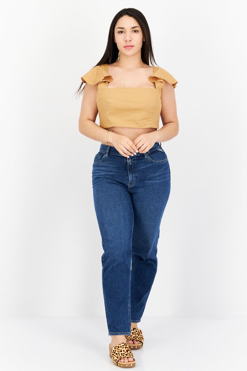 NOMAD Women Square Neck Flutter Sleeves Plain Crop Top, Brown - Image 2