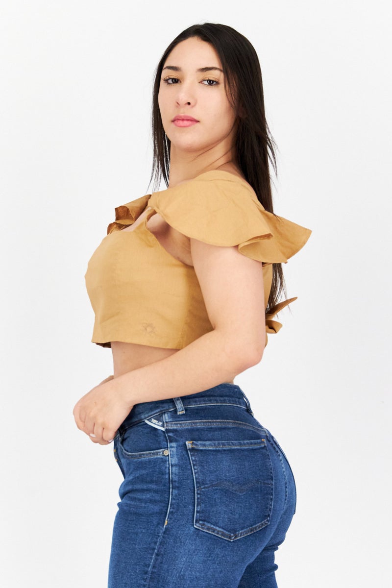 NOMAD Women Square Neck Flutter Sleeves Plain Crop Top, Brown - Image 4