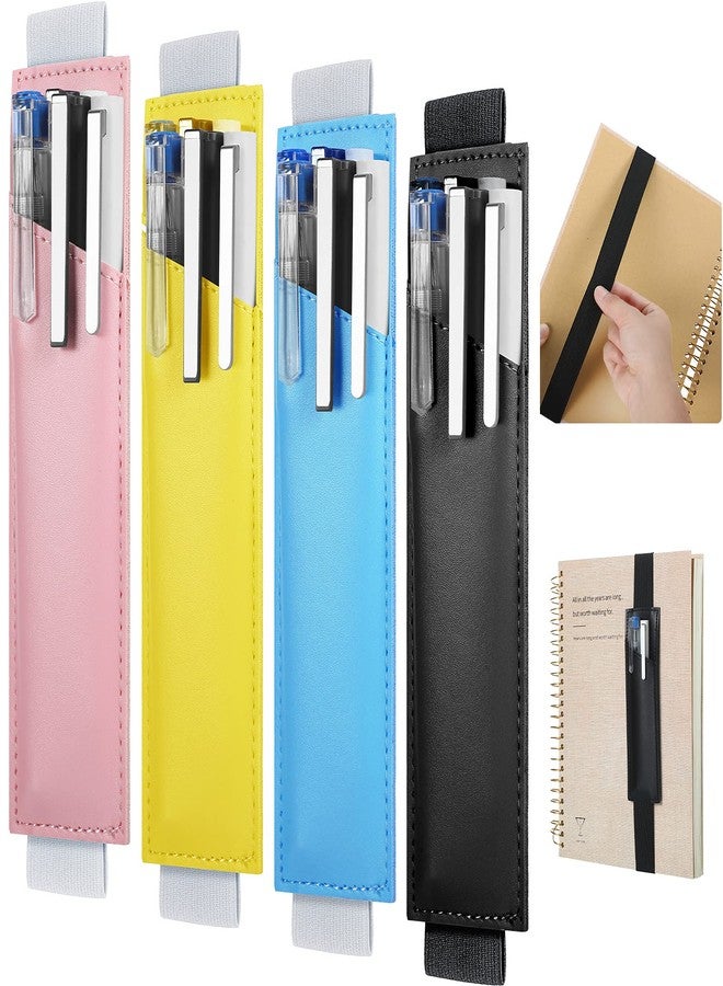 Clabby 4 Pieces Adjustable Elastic Band Pen Holder Colorful PU Leather Pen Sleeve Pouch for Hardcover Journals, Notebooks for Christmas Gift, 8-1.5 Inch, Detachable (Yellow, Blue, Pink, Black) - Image 1