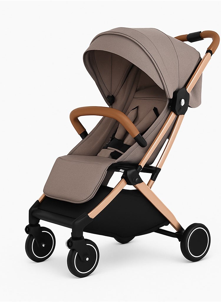 MAMIORA Lightweight Baby Stroller Coffee Color with Rose Gold Frame | Compact Fold, Adjustable Reclining, 5-Point Safety Harness, Smooth Wheels for Travel  - Image 1