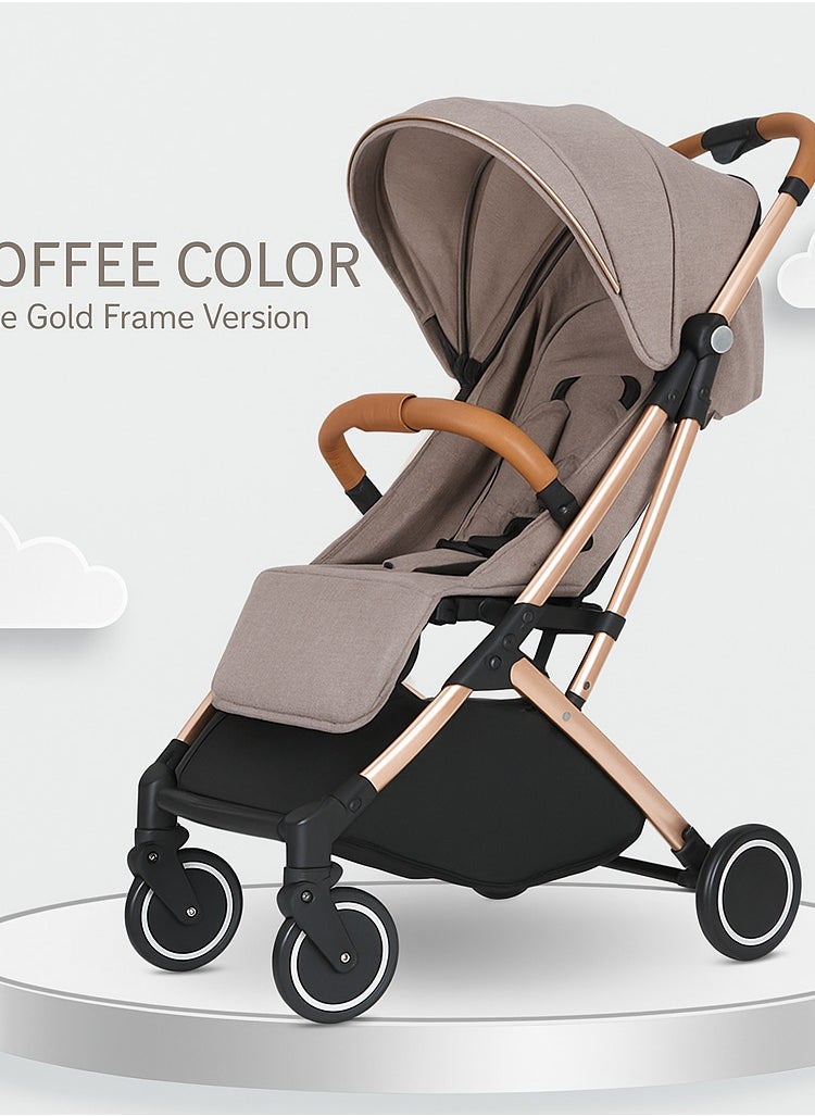 MAMIORA Lightweight Baby Stroller Coffee Color with Rose Gold Frame | Compact Fold, Adjustable Reclining, 5-Point Safety Harness, Smooth Wheels for Travel  - Image 2