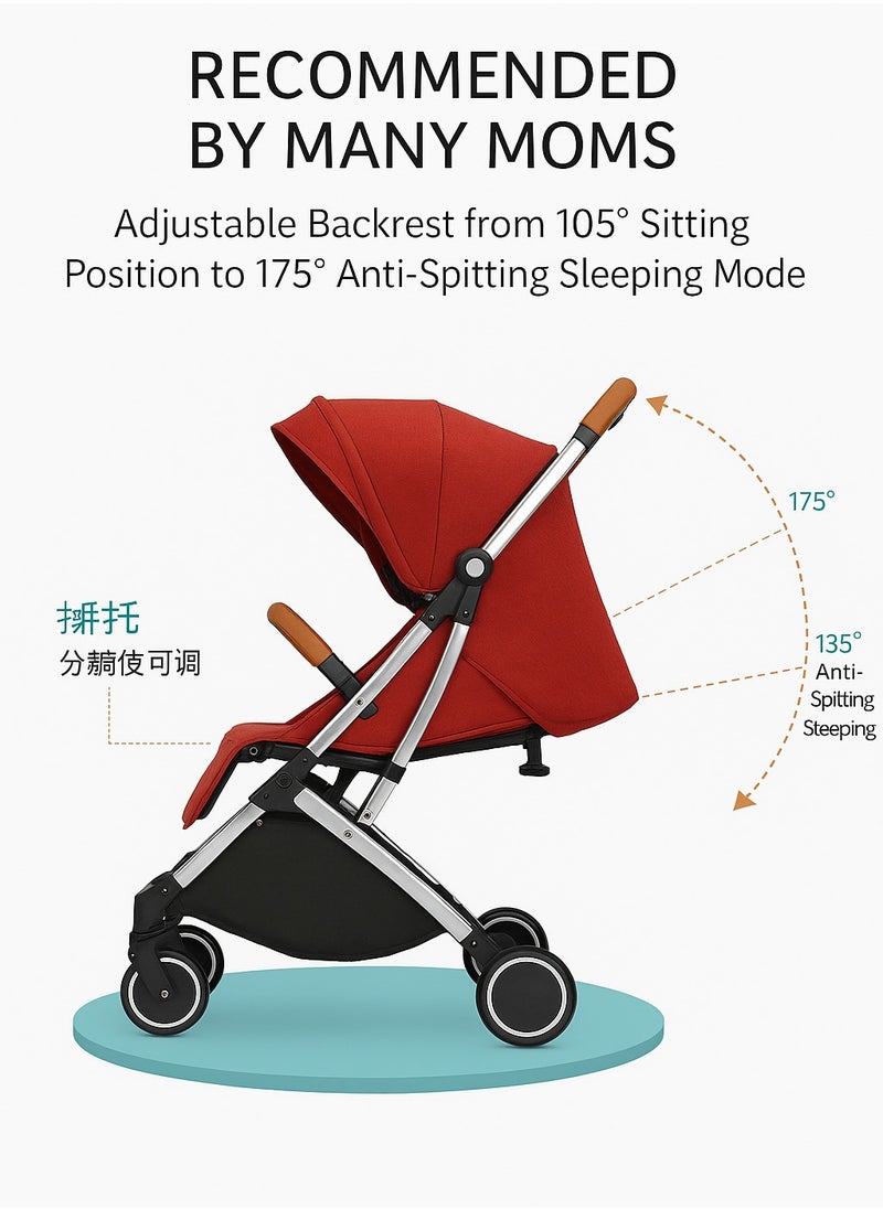 MAMIORA Lightweight Baby Stroller Coffee Color with Rose Gold Frame | Compact Fold, Adjustable Reclining, 5-Point Safety Harness, Smooth Wheels for Travel  - Image 4
