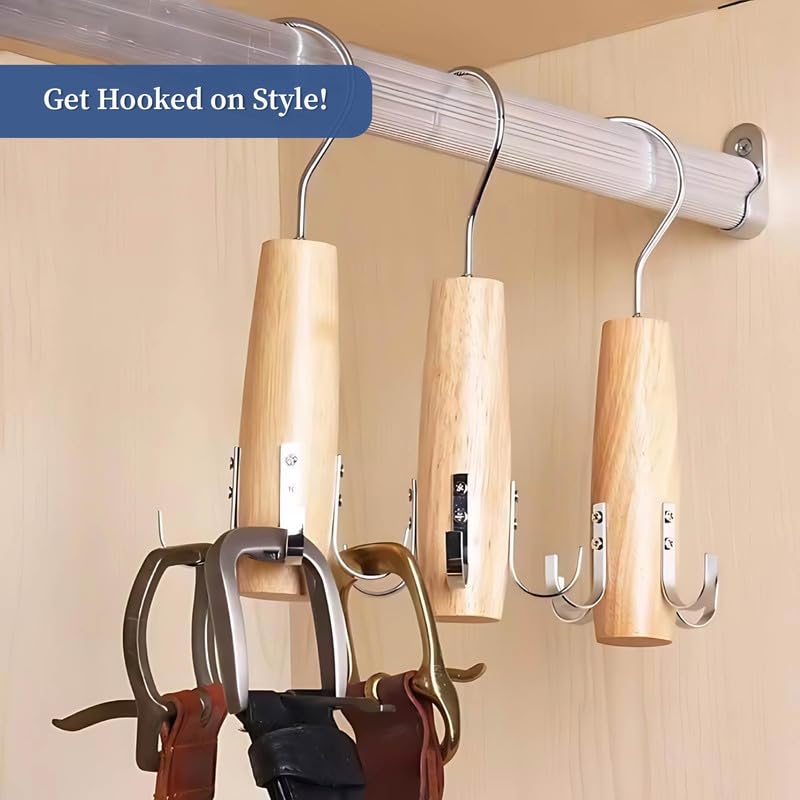 Homestrap Wooden 4 in 1 Hook Hanger for Tie, Belt, Scarfs with 360 Degree Rotatable Hook Closet Hanging Organizer | Set of 1 | Clothing & Wardrobe Space-Saving Hanger - Image 4
