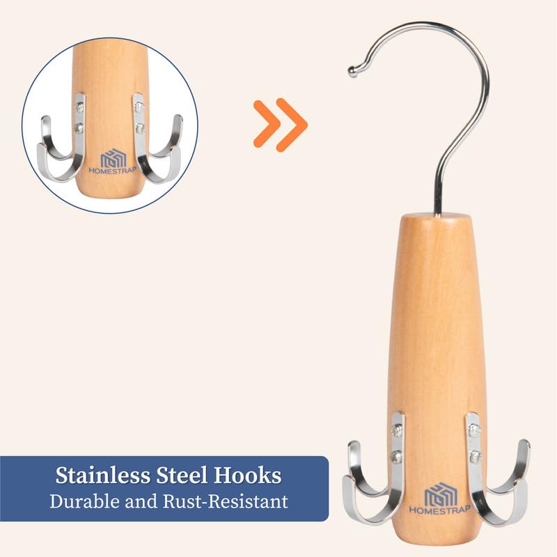 Homestrap Wooden 4 in 1 Hook Hanger for Tie, Belt, Scarfs with 360 Degree Rotatable Hook Closet Hanging Organizer | Set of 1 | Clothing & Wardrobe Space-Saving Hanger - Image 5