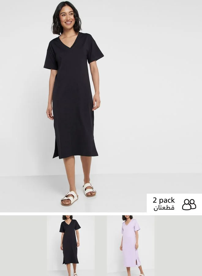 Ginger Basics 2 Pack Relaxed V-Neck Midi Dress