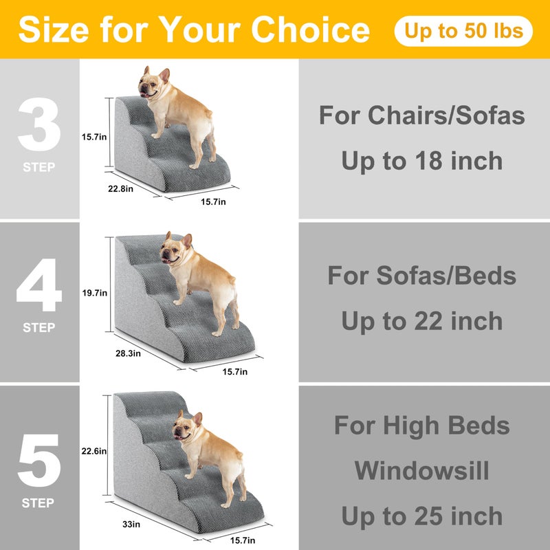 HCYLHXQ Dog Stairs, 15.7â€ H â€“ 3-Step Foam Ramp for Small Dogs & Cats, Waterproof Washable Cover, Non-Slip Base, Lightweight Pet Ladder for Couch or Bed (Grey) - Image 2