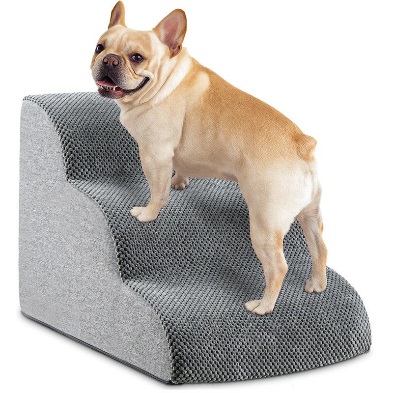 HCYLHXQ Dog Stairs, 15.7â€ H â€“ 3-Step Foam Ramp for Small Dogs & Cats, Waterproof Washable Cover, Non-Slip Base, Lightweight Pet Ladder for Couch or Bed (Grey) - Image 1