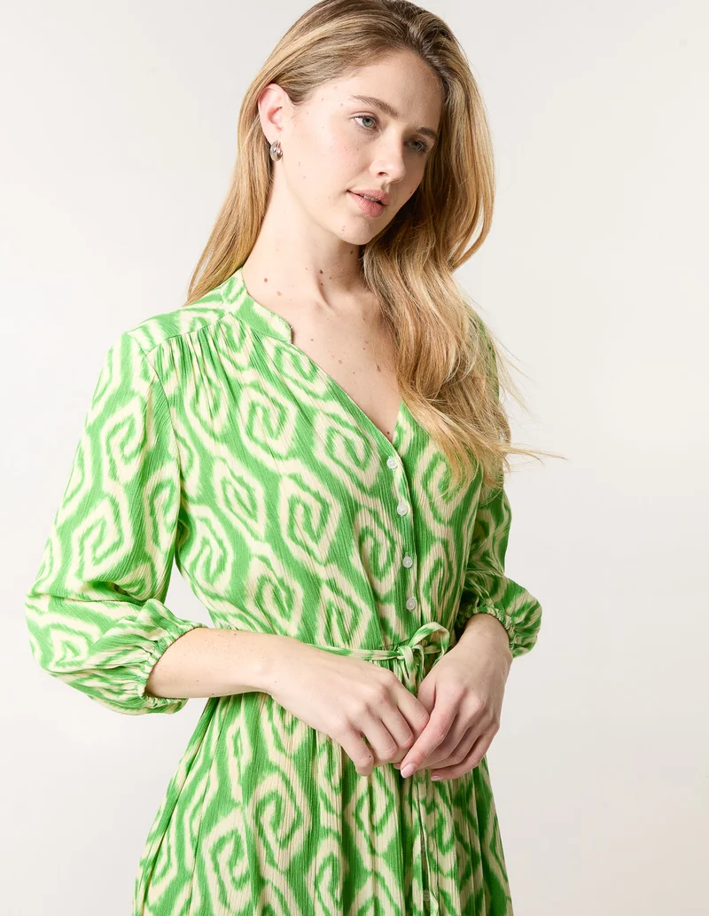 Blue Vanilla Abstract Button Front Belted Dress
