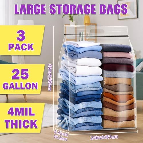 FURWEY 25 Gallon Extra Large Storage Bags 35x 24Resealable Clear Bags with Handle 4 Mil Thick Heavy Duty Big Bag for Clothes Pillow Travel MovingBeddingShoes and Toys Storage Pack of 3 - Image 3