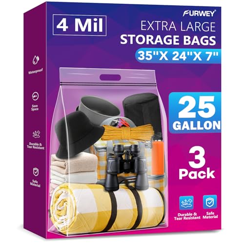FURWEY 25 Gallon Extra Large Storage Bags 35x 24Resealable Clear Bags with Handle 4 Mil Thick Heavy Duty Big Bag for Clothes Pillow Travel MovingBeddingShoes and Toys Storage Pack of 3 - Image 1