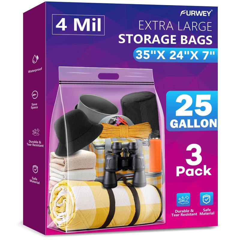 FURWEY 25 Gallon Extra Large Storage Bags 35x 24Resealable Clear Bags with Handle 4 Mil Thick Heavy Duty Big Bag for Clothes Pillow Travel MovingBeddingShoes and Toys Storage Pack of 3 - Image 2