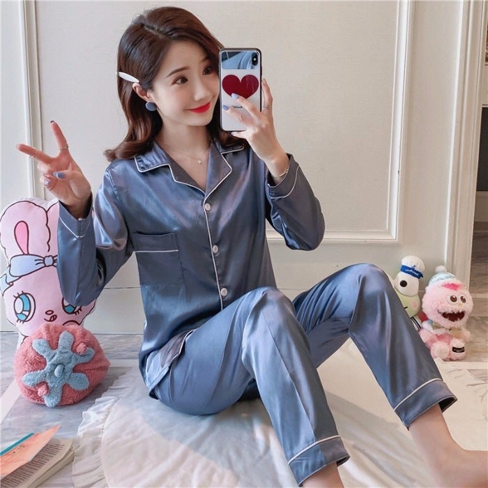 Packaging Long-Sleeved Pants Spring, Autum And Summer Thin Large Size Fat Size Ice Silk Couple Pajamas High-End Home Clothes - Image 1