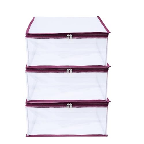 MBW Clothes Organiser for Wardrobe, Saree Covers with zip, Saree Organizer for Wardrobe, Clothes Storage Bag, Saree Bags Storage, Saree Covers for Storage, Transparent (Maroon - Pack of 3) - Image 1