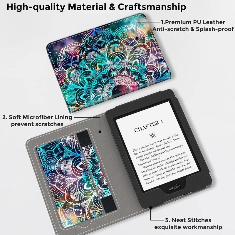 VORI Stand Case for Kindle Paperwhite (11th Generation-2021) and Kindle Paperwhite Signature Edition, PU Leather Case Smart Protective Cover with Auto-Wake/Sleep and Hand Strap, Mandalas Galaxy - Image 4