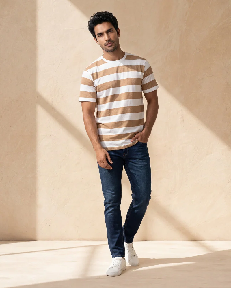 Redtag Men Beige Striped T-Shirt
