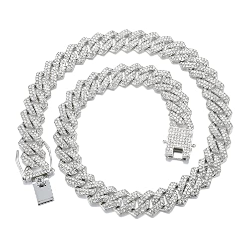 Saintda Mens Cuban Link Chain Men Iced Out Miami Cuban Chain Choker Necklace Diamond Chain for Men Women Hip Hop Jewelry Gift (Silver-13.5mm-16inch) - Image 1