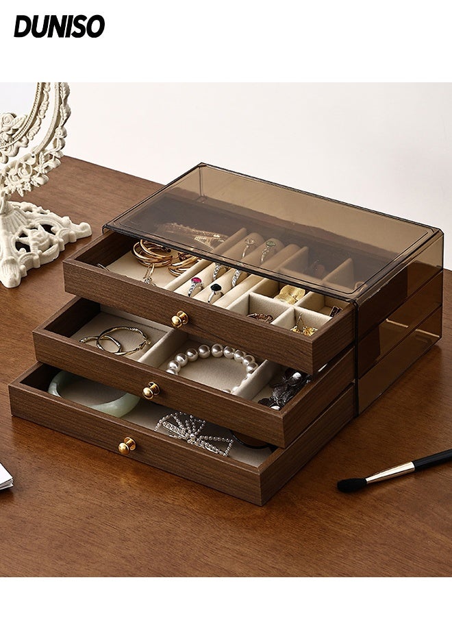 DUNISO 3 in 1 Multifunctional Walnut Jewelry Storage Box, Display Stand with Clear Lid and Drawer,Portable Jewellery Holder  for Earring ,Rings ,Necklaces and Bracelets - Image 1