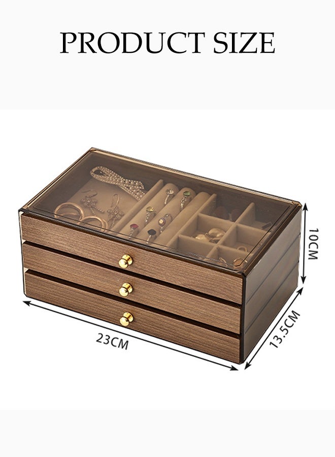 DUNISO 3 in 1 Multifunctional Walnut Jewelry Storage Box, Display Stand with Clear Lid and Drawer,Portable Jewellery Holder  for Earring ,Rings ,Necklaces and Bracelets - Image 2