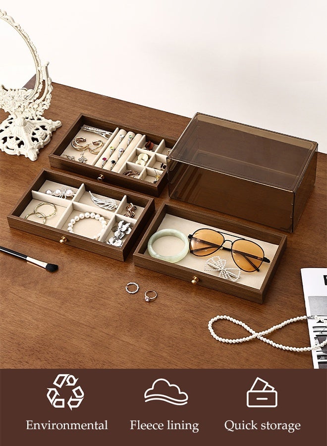 DUNISO 3 in 1 Multifunctional Walnut Jewelry Storage Box, Display Stand with Clear Lid and Drawer,Portable Jewellery Holder  for Earring ,Rings ,Necklaces and Bracelets - Image 4