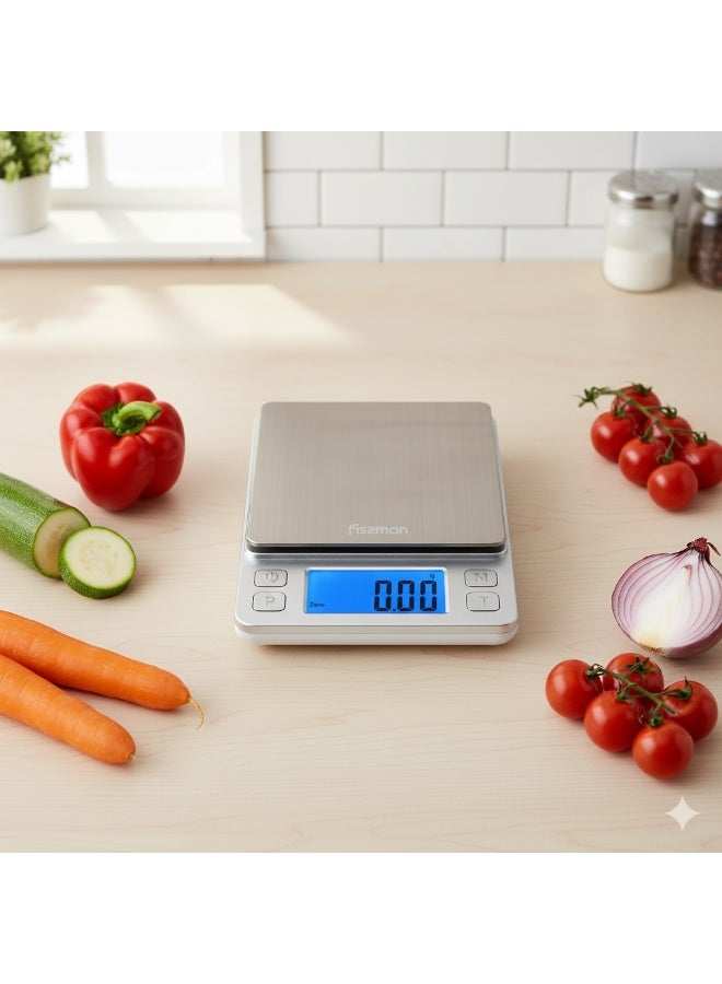 Fissman ميزان مطبخ إلكتروني 14 سم مع صينيتين إضافيتين جهاز وزن طعام مدمج للطهي، الخبز، وتحضير الوجبات - Image 2