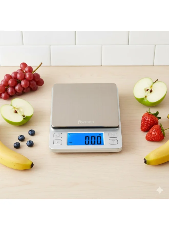 Fissman  Electronic Kitchen Scales 14cm with Two Additional Trays with Minimum 0.5Grams Maximum 3KG Compact Food Weighing Device for Cooking, Baking, and Meal Prep  | Best Price UAE