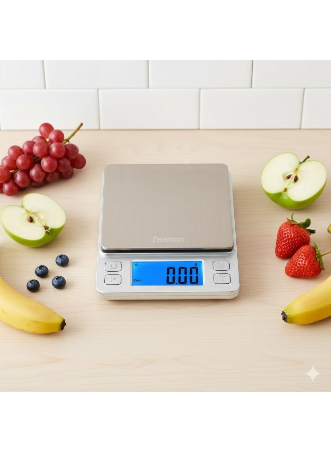 Fissman ميزان مطبخ إلكتروني 14 سم مع صينيتين إضافيتين جهاز وزن طعام مدمج للطهي، الخبز، وتحضير الوجبات - Image 3