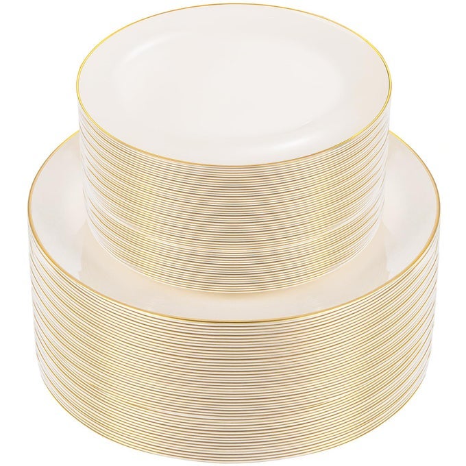 100PCS IVORY PLASTIC PLATES CREAM PLASTIC DISPOSABLE HEAVY DUTY FOR PARTY THANKSGIVING INCLUDE 50 EACH DINNER DESSERT PLATES