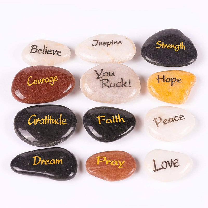 12 RockImpact Engraved Inspirational Stones Pocket Size Highly Polished Natural River Rock Faith Stone Bulk Lot Set of 12 12 Different Sayings