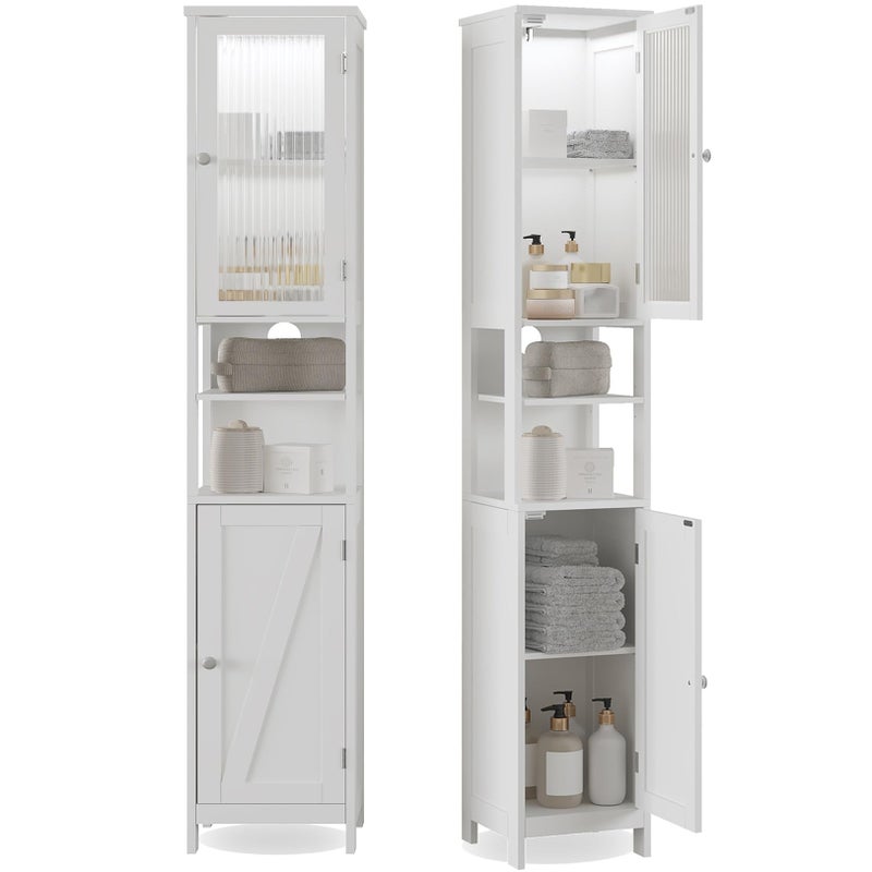 ChooChoo Tall Bathroom Storage Cabinet with Light 5Tier Narrow Bathroom Cabinet with 2 Doors Slim Storage Linen Cabinet Freestanding with Adjustable Shelves for Space Saving White