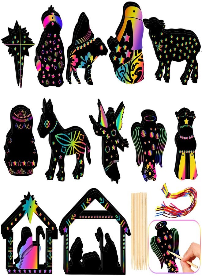 Geosar 36 Pcs Nativity Scene Scratch Paper Christmas Tree Scratch Ornaments for Kids Include Scratch Card 10 Wooden Styluses 36 Colorful Ribbons for Christmas Birthday Classroom Holiday Crafts Supplies - Image 1