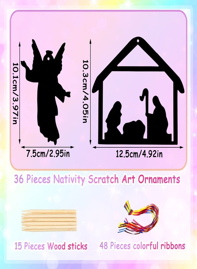 Geosar 36 Pcs Nativity Scene Scratch Paper Christmas Tree Scratch Ornaments for Kids Include Scratch Card 10 Wooden Styluses 36 Colorful Ribbons for Christmas Birthday Classroom Holiday Crafts Supplies - Image 2
