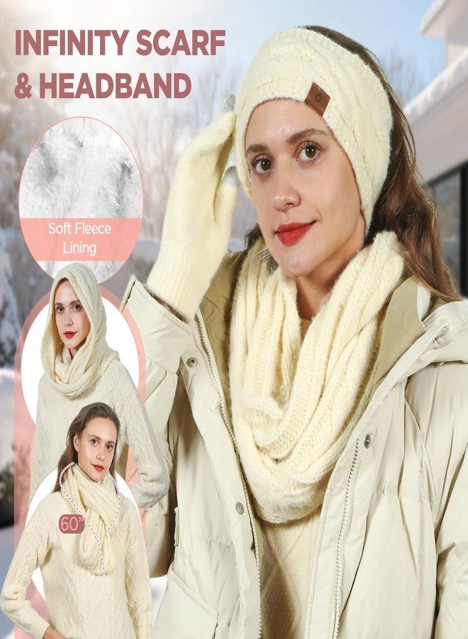 Goocoz Womens Beanie Hat Infinity Scarf Touchscreen Gloves Fleece Headband 4 in 1 Winter Set, Skiing Hat Gloves Scarf Sets, Apricot, M - Image 3