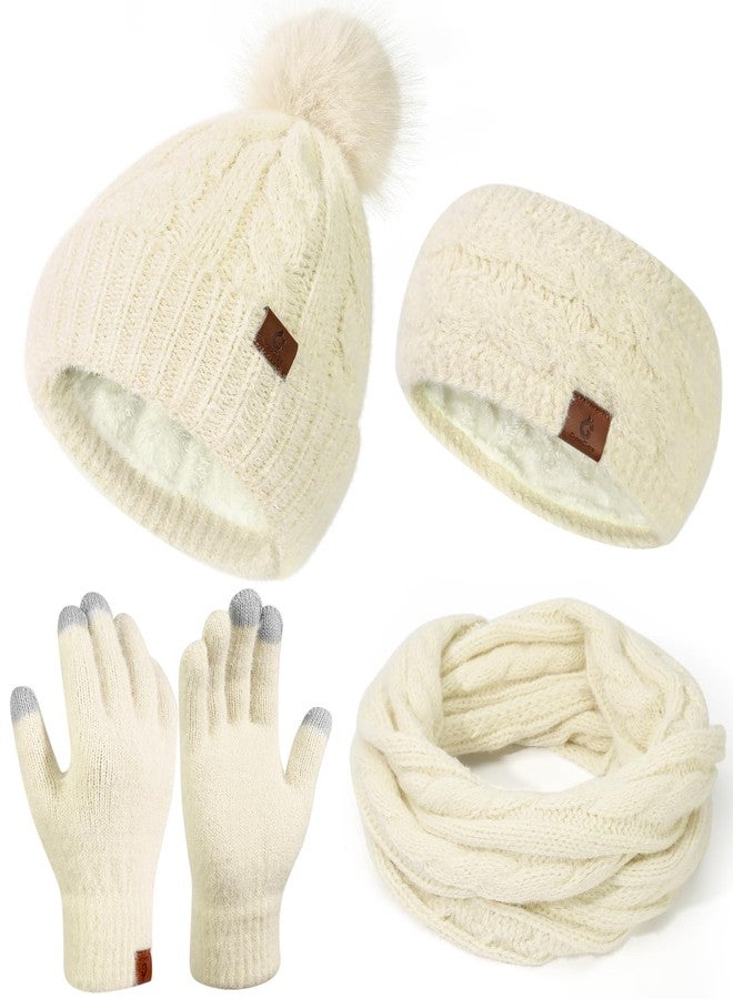 Goocoz Womens Beanie Hat Infinity Scarf Touchscreen Gloves Fleece Headband 4 in 1 Winter Set, Skiing Hat Gloves Scarf Sets, Apricot, M - Image 1