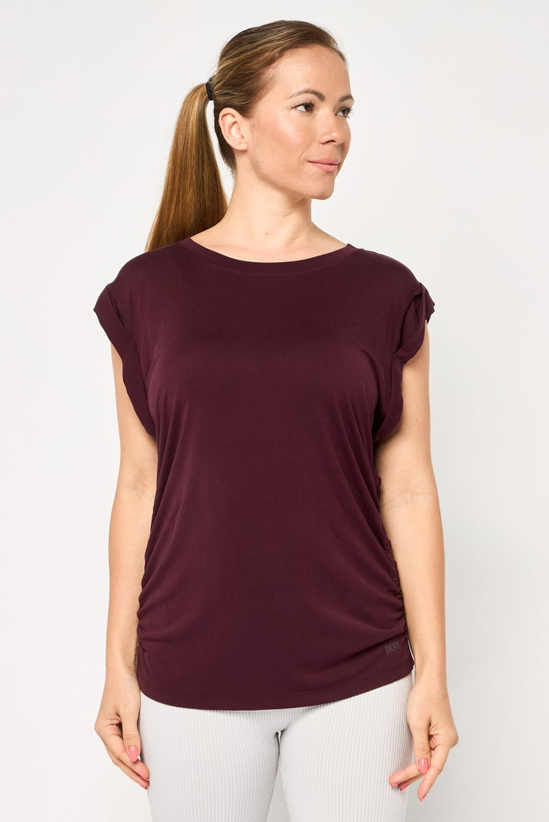 DKNY Sport Women Sportswear Fit Cap Sleeves Brand Logo Outdoor Top, Maroon - Image 1
