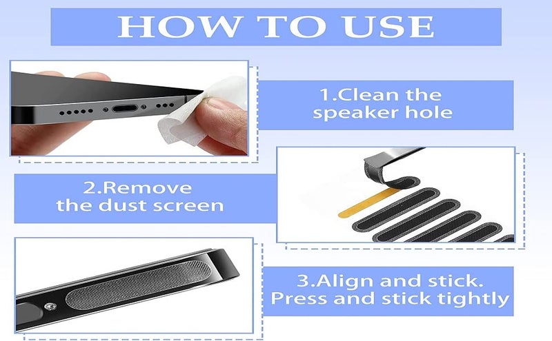 ZOTIMO Metal Mesh Anti Dust Proof Adhesive Net Sticker with Tweezers, Long and Short Speaker Dustproof Cover with Cleaning Kit Protects(24Pack=14short+10long)(Cloth+2 Apple Plug, Black) - Image 4