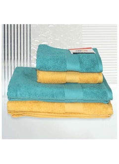 White Rose Towel 4 Piece Bathroom  Set ACCRA 550 GSM 100% Cotton Terry 2 Bath  70X140 cm & 2 Hand  50x90 cm Turquoise & Yellow Color Soft Feel Super Absorbent  - Image 1