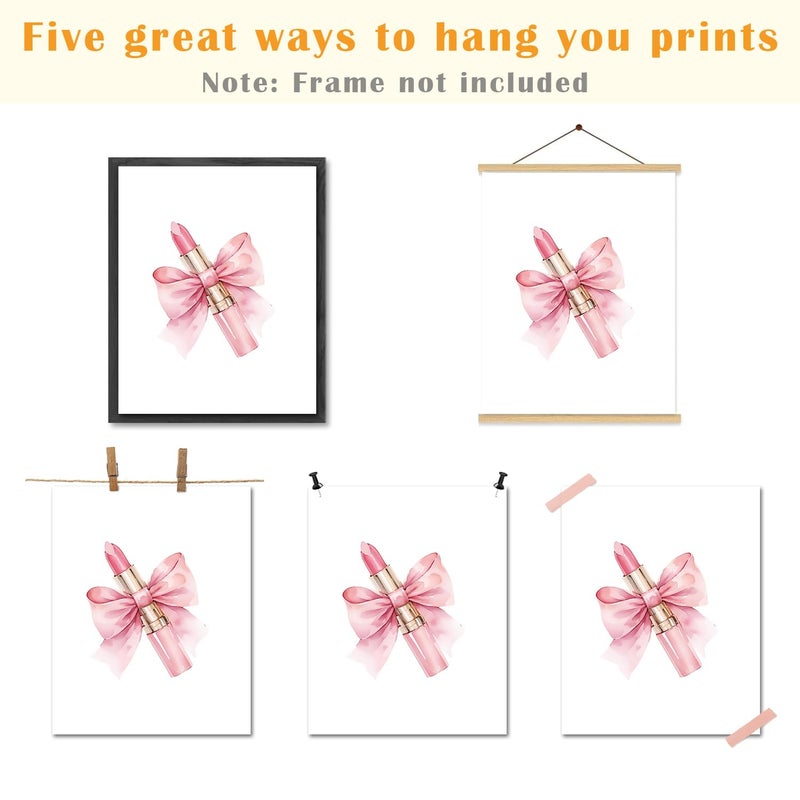 JINYO Coquette Pink Bow Lipstick Makeup Brush Sunglasses Perfume Wall Art Prints Set of 4, Preppy Girly Pink Wall Decor Posters Pictures for Girls Room Bathroom Apartment, 8x10 Unframed - Image 3