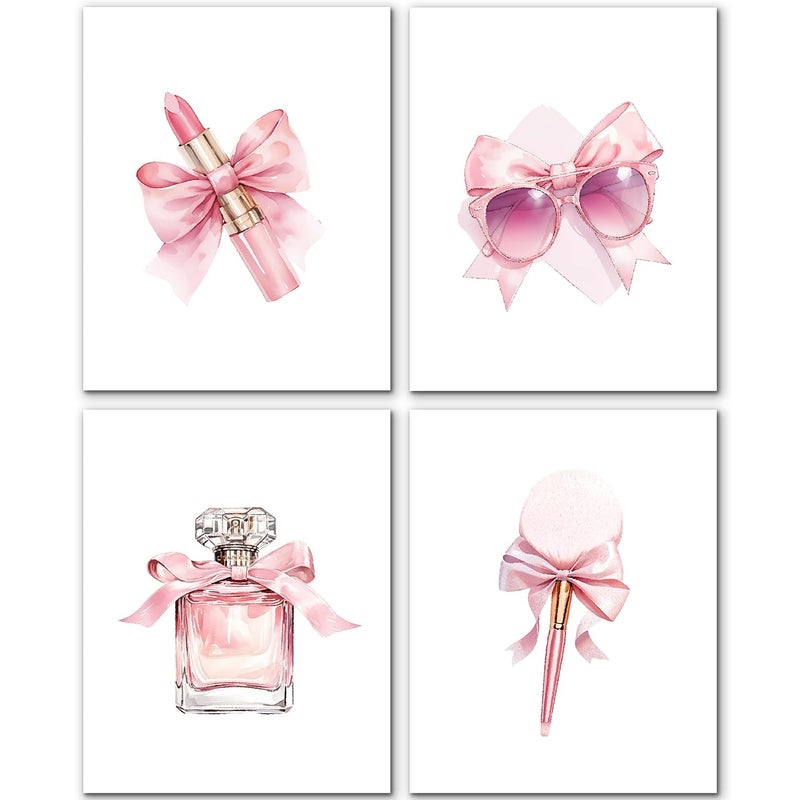 JINYO Coquette Pink Bow Lipstick Makeup Brush Sunglasses Perfume Wall Art Prints Set of 4, Preppy Girly Pink Wall Decor Posters Pictures for Girls Room Bathroom Apartment, 8x10 Unframed - Image 1