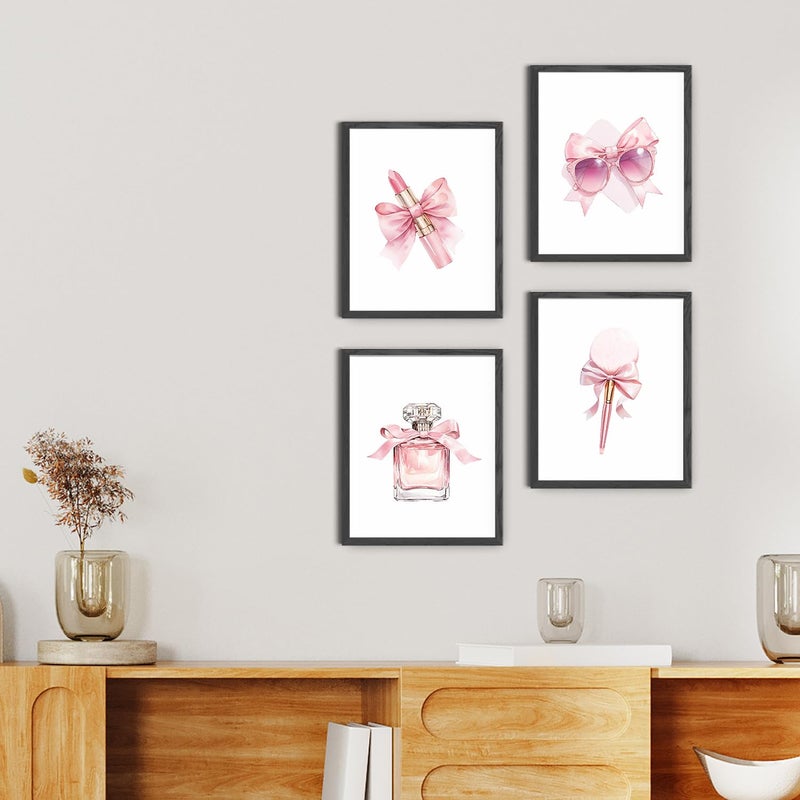 JINYO Coquette Pink Bow Lipstick Makeup Brush Sunglasses Perfume Wall Art Prints Set of 4, Preppy Girly Pink Wall Decor Posters Pictures for Girls Room Bathroom Apartment, 8x10 Unframed - Image 5