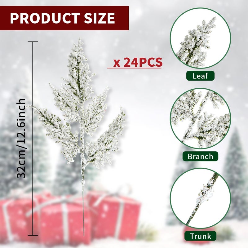 Kunjocy 24PCS Artificial Pine Needles Branches 12.4"" Christmas Greenery Stems Green Plants Fake Pine Sprigs Faux Pine Leaves Picks Crafts Sprays for Xmas Tree DIY Wreaths Garlands Home Decoration (24  Snow) - Image 2