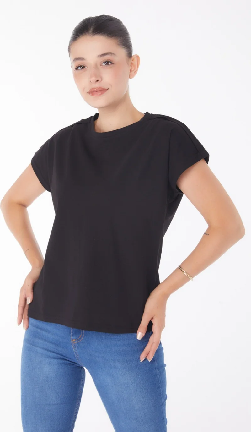 Tofisa Plain Crew Neck Women's Black Button Detailed T-Shirt - 25950