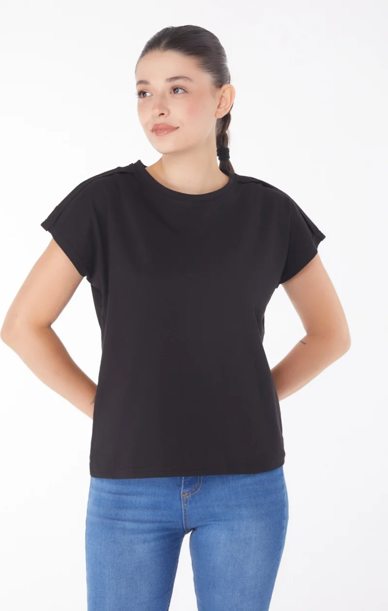 Tofisa Plain Crew Neck Women's Black Button Detailed T-Shirt - 25950