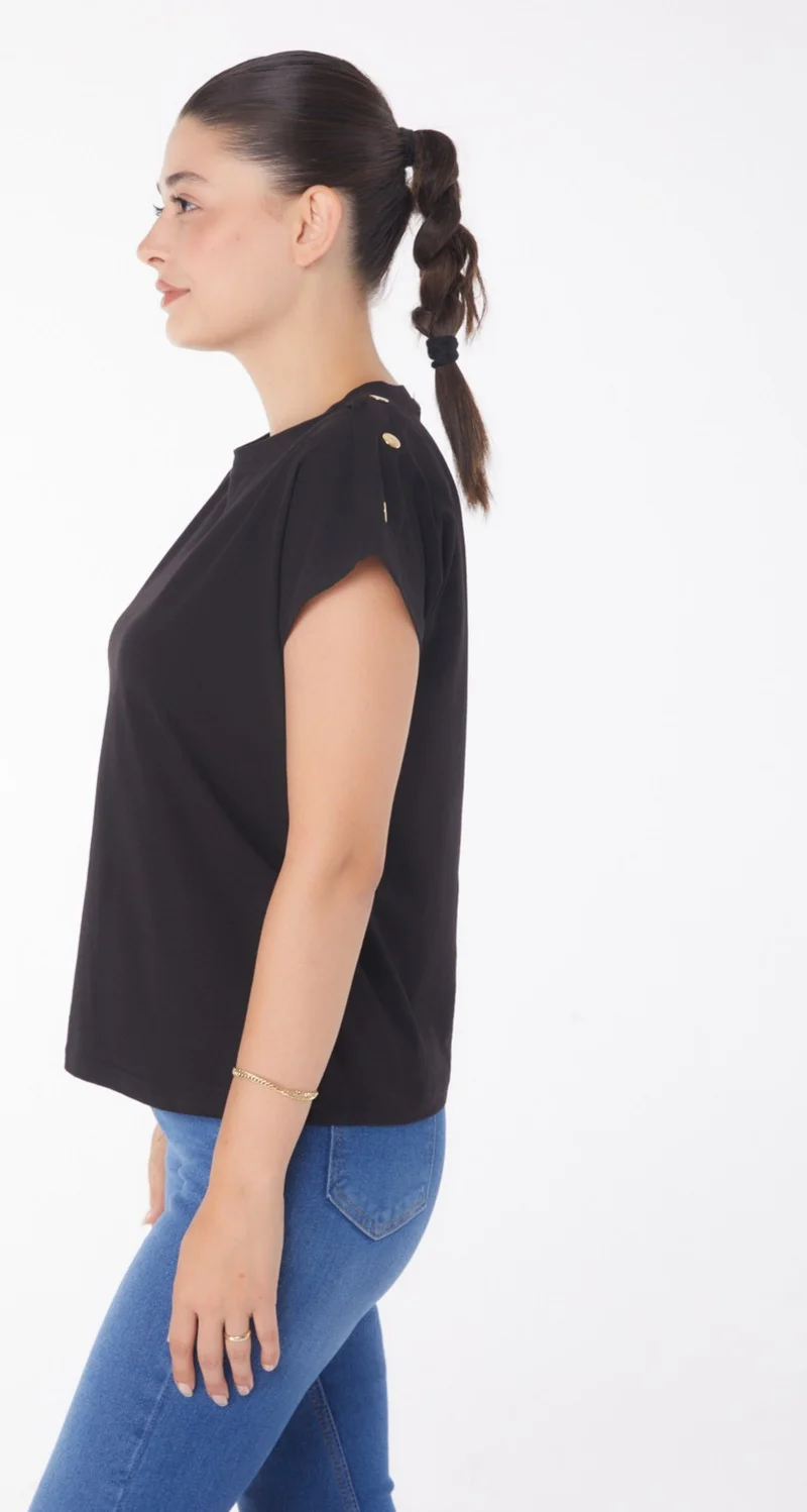 Tofisa Plain Crew Neck Women's Black Button Detailed T-Shirt - 25950