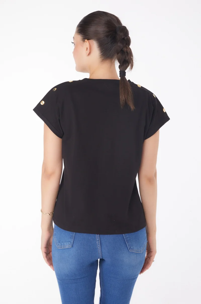 Tofisa Plain Crew Neck Women's Black Button Detailed T-Shirt - 25950