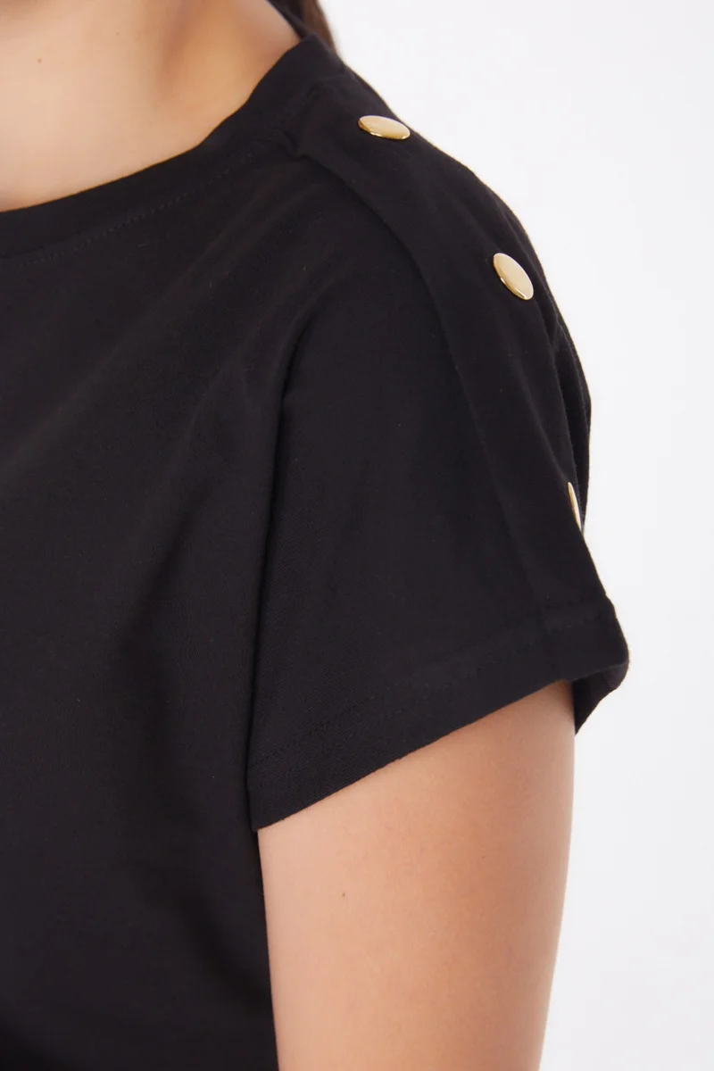 Tofisa Plain Crew Neck Women's Black Button Detailed T-Shirt - 25950